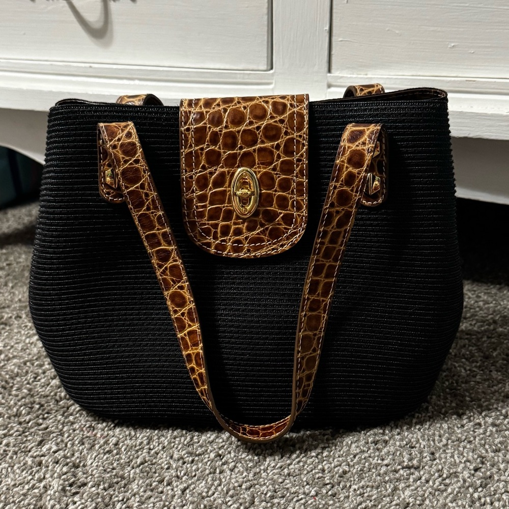 Eric Javits Black Island Tote Bag with Brown Croc-Trim and Gold Hardware